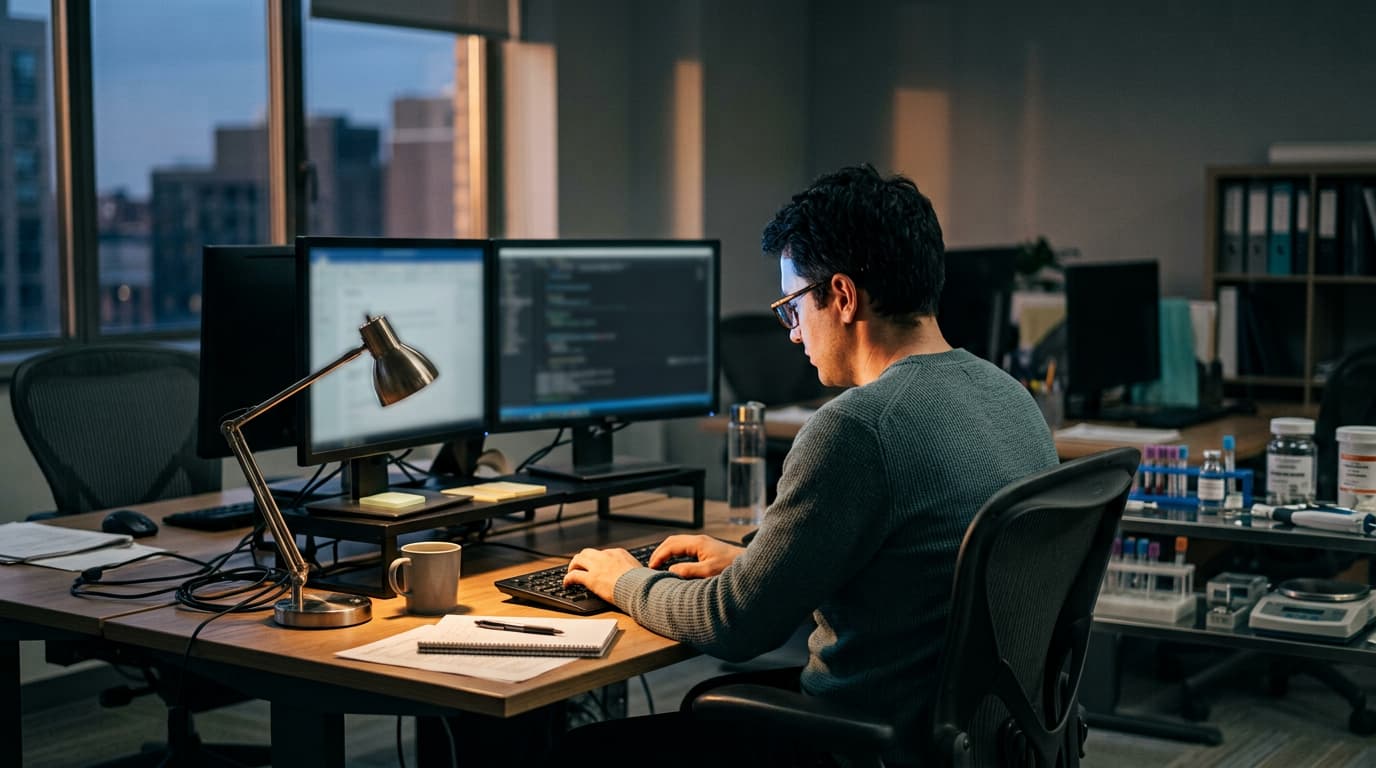 Mężczyzna w okularach pracuje przy dwóch monitorach w biurze